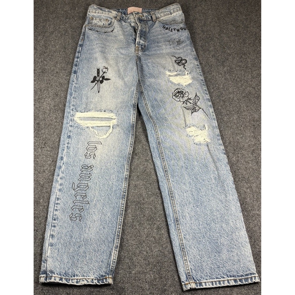 Revice Denim Straight Leg Jeans Womens 28 Blue Tattoo Graphic Distressed